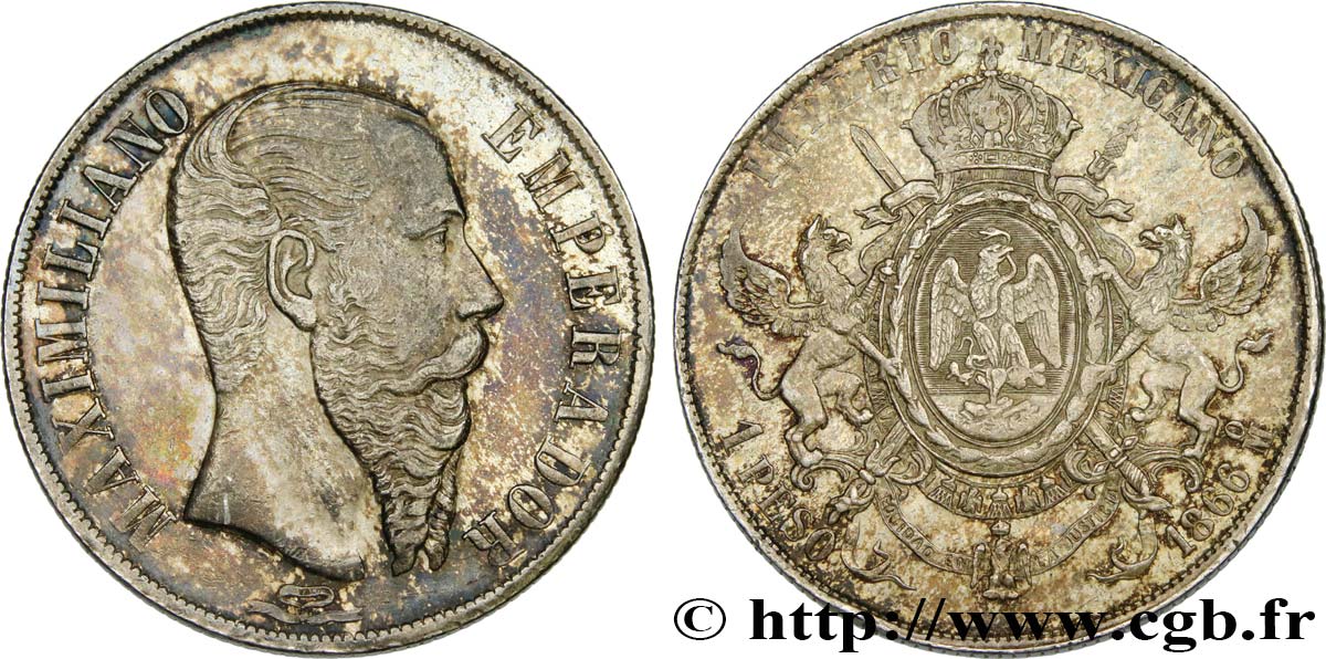 MEXICO - MAXIMILIAN I Peso 1866 Mexico AU 
