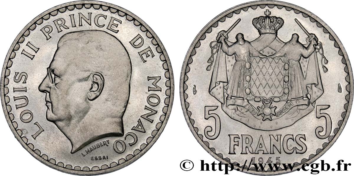 MONACO - FÜRSTENTUM MONACO - LUDWIG II. Essai de 5 Francs 1945 Paris ST 