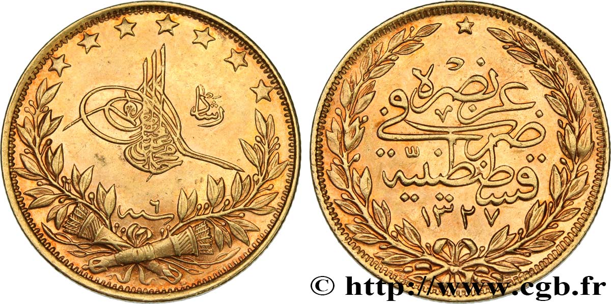 TURQUIE 100 Kurush Sultan Mohammed V Resat AH 1327, An 6 1914 Constantinople TTB+ 