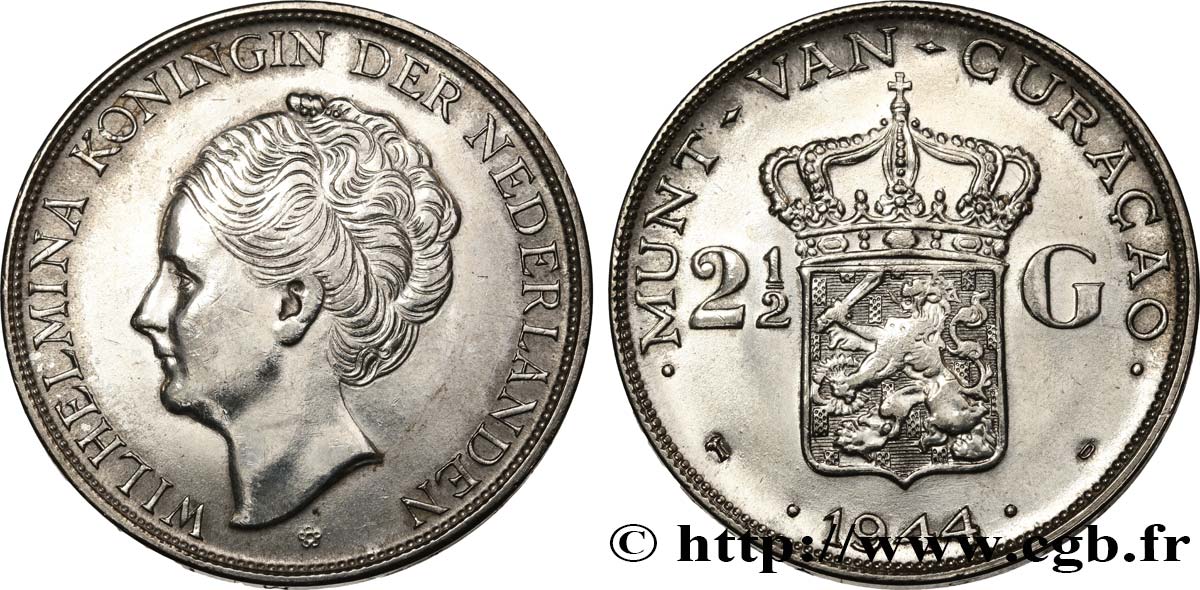 CURACAO 2 1/2 Gulden reine Wilhelmina des Pays Bas 1944 Denver AU