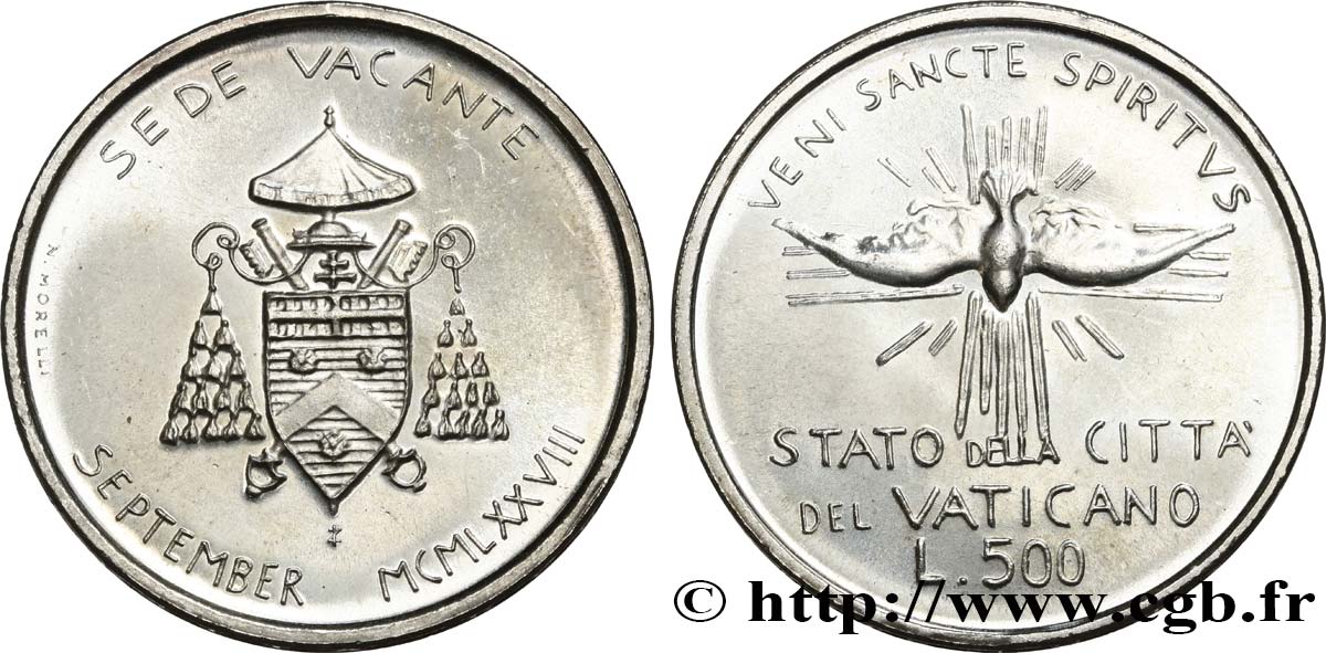 VATICAN AND PAPAL STATES 500 Lire second Sede Vacante Colombe et armes du cardinal Jean Villot 1978 Rome MS