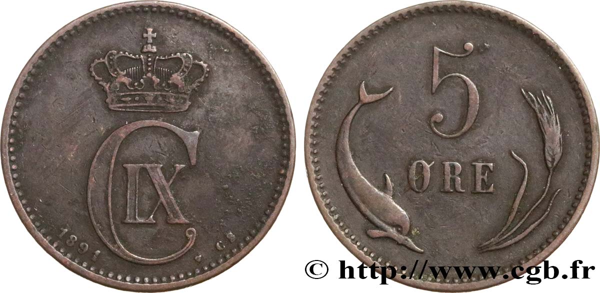 DENMARK 5 Ore monogramme Christian IX 1891 Copenhague VF