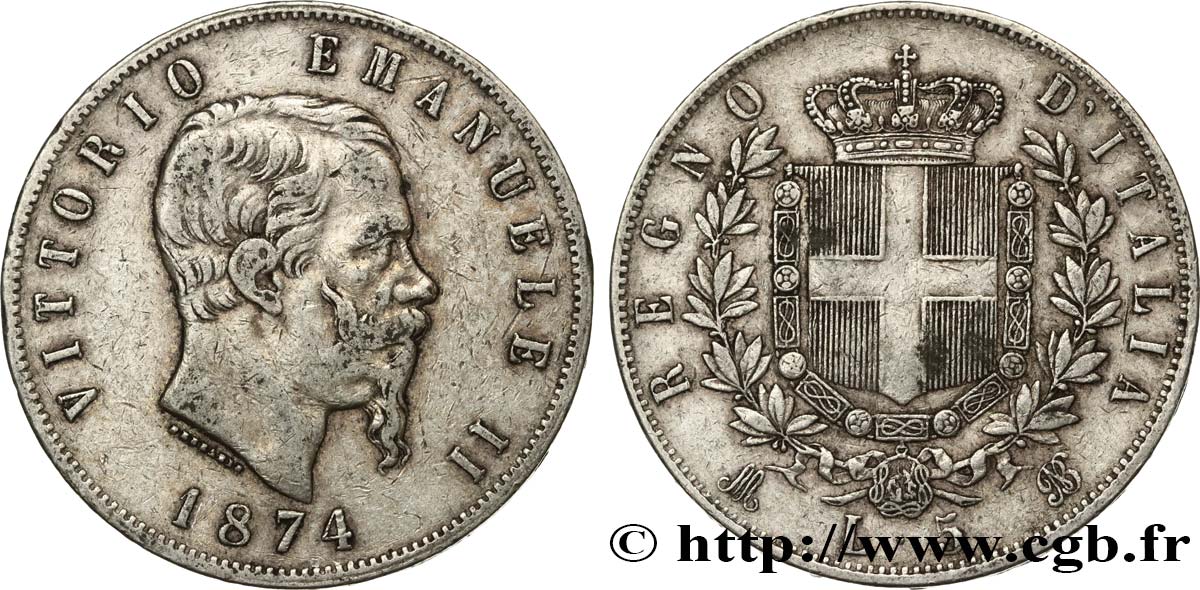 ITALIE 5 Lire Victor Emmanuel II 1874 Milan TB+
