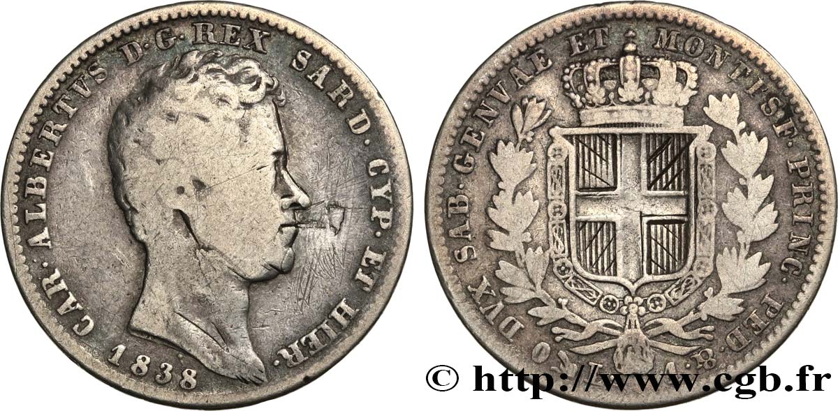 ITALY - KINGDOM OF SARDINIA 1 Lira Charles Albert 1838 Gênes VF/VF 