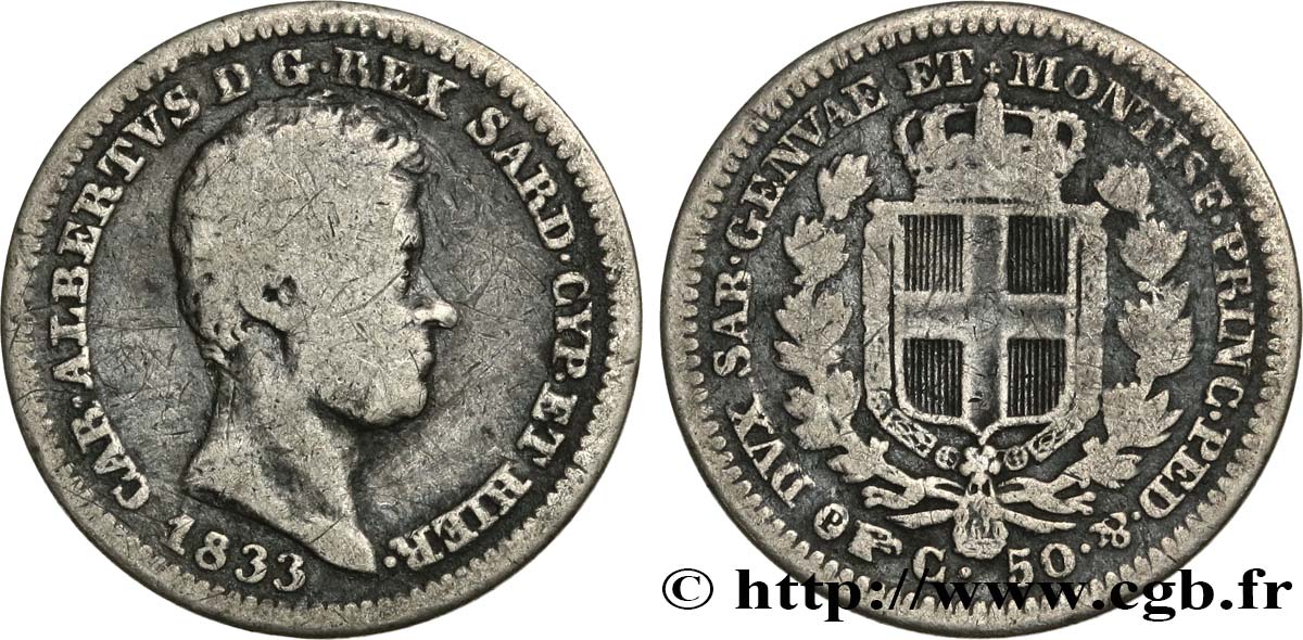 ITALY - KINGDOM OF SARDINIA 50 Centesimi Charles Albert (Carlo Alberto) 1833 Turin VF