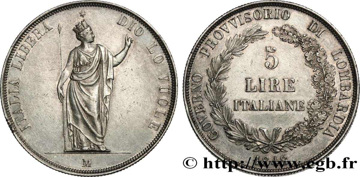 ITALY - LOMBARDY 5 Lire Gouvernement provisoire de Lombardie 1848 Milan XF/AU