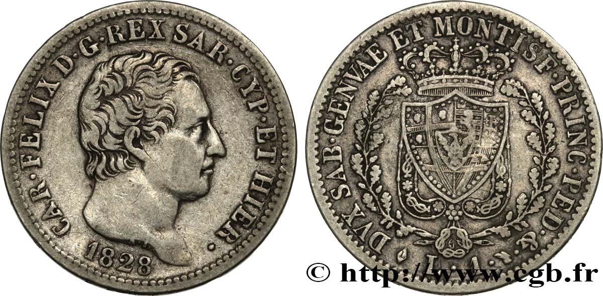 ITALY - KINGDOM OF SARDINIA - CHARLES-FELIX 1 Lira  1828 Turin XF 