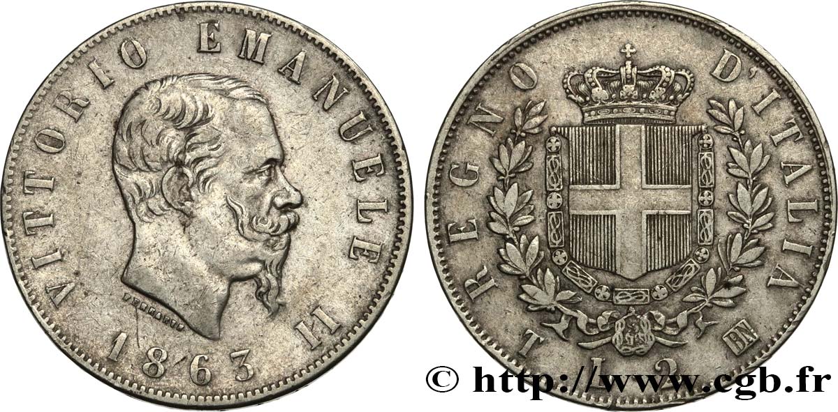 ITALY 2 Lire Victor Emmanuel II 1863 Turin XF