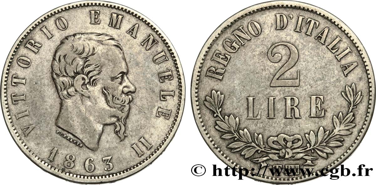 ITALY 2 Lire Victor Emmanuel II 1863 Turin VF