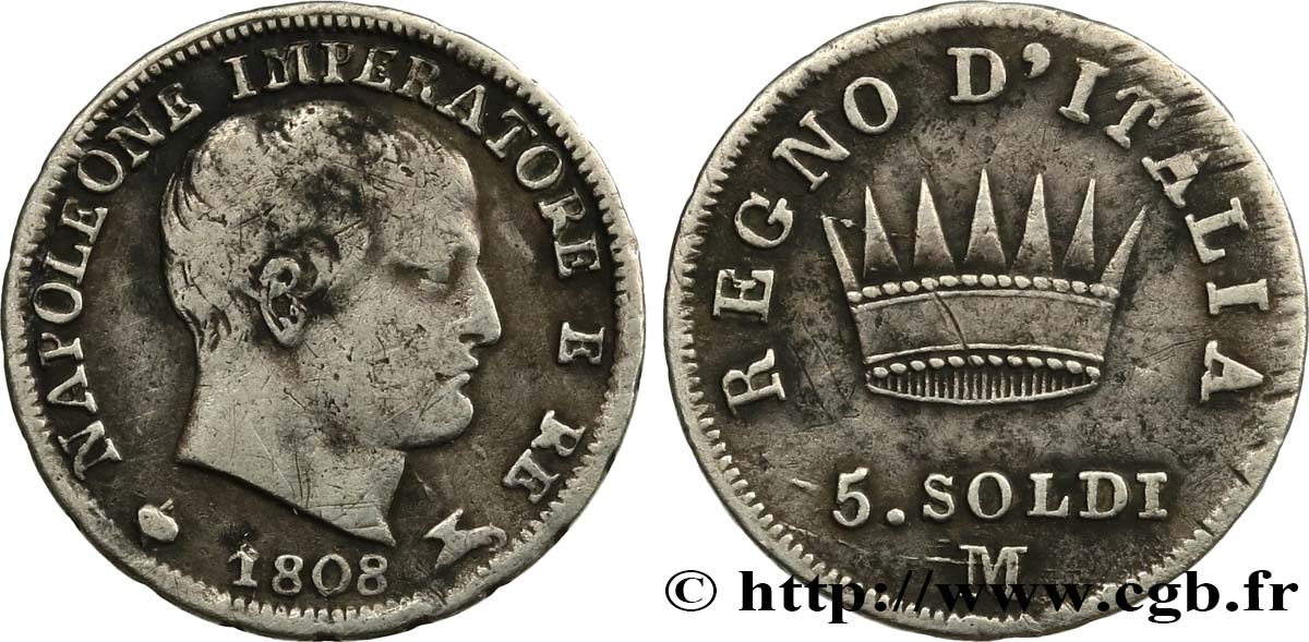 ITALY - KINGDOM OF ITALY - NAPOLEON I 5 soldi Napoléon Empereur et Roi d’Italie 1808 Milan VF