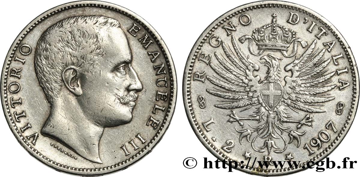 ITALY 2 Lire Victor Emmanuel III 1907 Rome