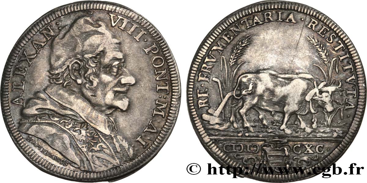ITALIA - ESTADOS PONTIFICOS - ALEXANDER VIII (Pietro Vito Ottoboni) Teston an I 1690 Rome MBC 