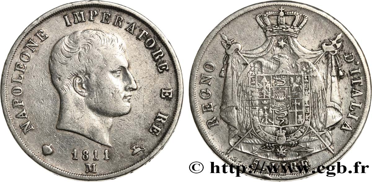 ITALIE - ROYAUME D ITALIE - NAPOLÉON Ier 5 Lire 1811 Milan TB+