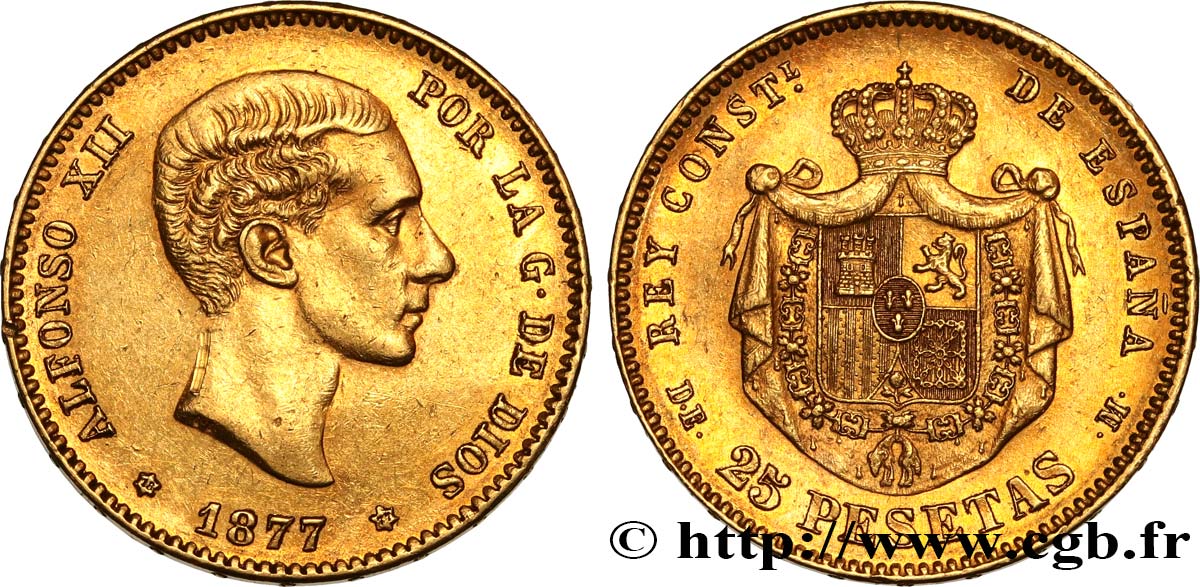 SPAIN 25 Pesetas Alphonse XII 1877 Madrid AU 