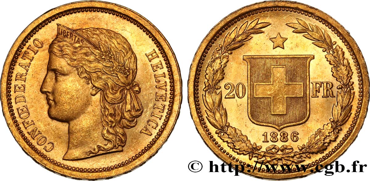 SWITZERLAND - HELVETIC CONFEDERATION 20 Francs Helvetia 1886 Berne MS 