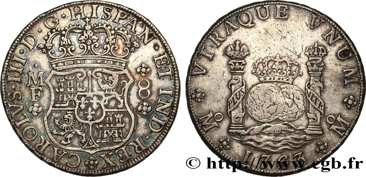 MÉXICO - CARLOS III 8 Reales 1763 Mexico MBC/BC+ 