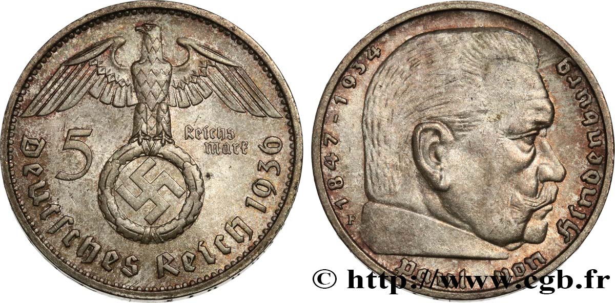GERMANIA 5 Reichsmark Maréchal Paul von Hindenburg 1936 Stuttgart MS 