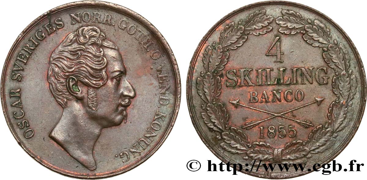 SWEDEN - KINGDOM OF SWEDEN - OSCAR II 4 Skilling Banco 1855  AU 