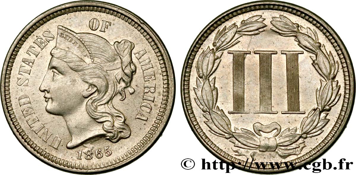 STATI UNITI D AMERICA 3 Cents 1865 Philadelphie MS 