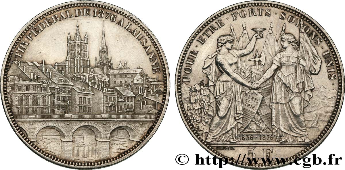 SUISSE 5 Francs, monnaie de Tir, Lausanne 1876  SUP 