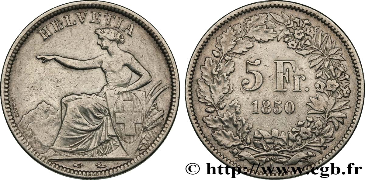 SUISSE - CONFEDERATION 5 Francs 1850 Paris VF/XF 
