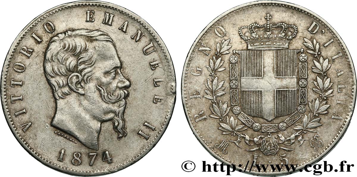 ITALIE 5 Lire Victor Emmanuel II 1874 Milan TB+