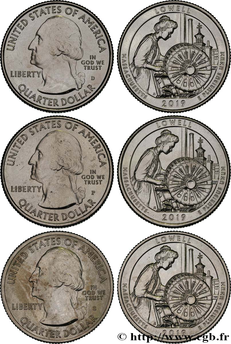 UNITED STATES OF AMERICA Lot de 3 monnaies 1/4 Dollar Lowell National Historical Park -Massachusetts 2019 Philadelphie-Denver-San Francisco MS 