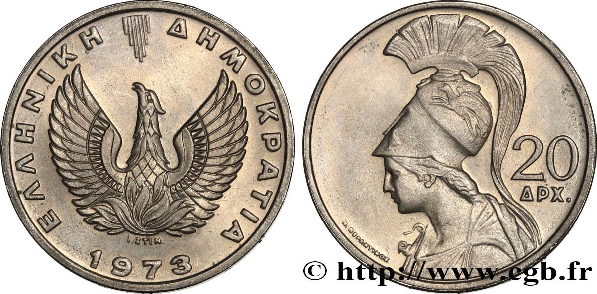 GRIECHENLAND 20 Drachmes Athéna 1973 fST