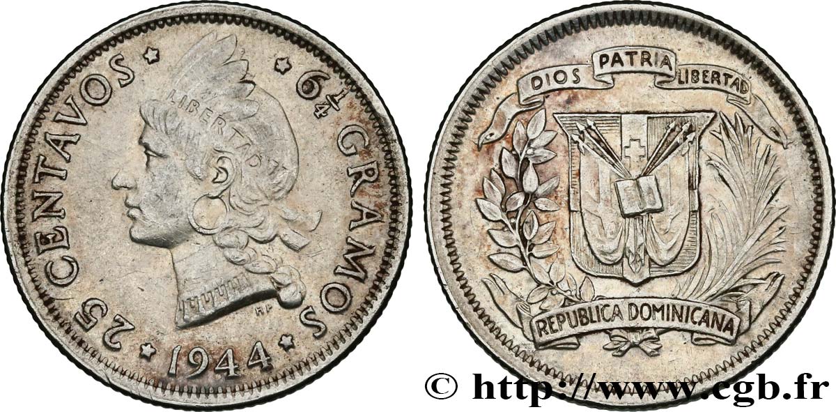 DOMINICAN REPUBLIC 25 Centavos 1944  AU 