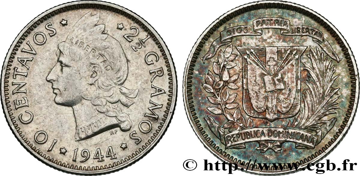 DOMINICAN REPUBLIC 10 Centavos 1944  AU 