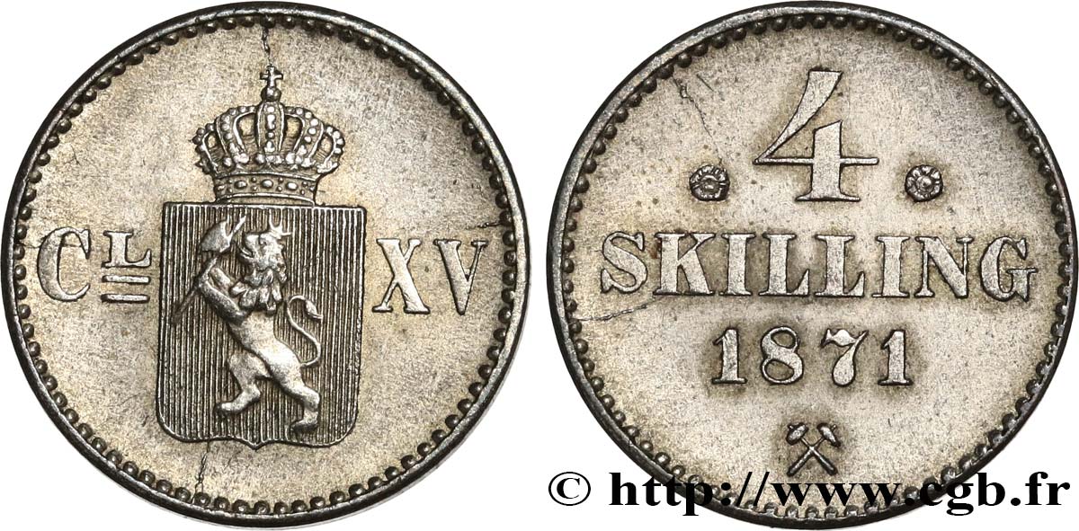 NORWEGEN 4 Skilling Charles XV 1871 fSS