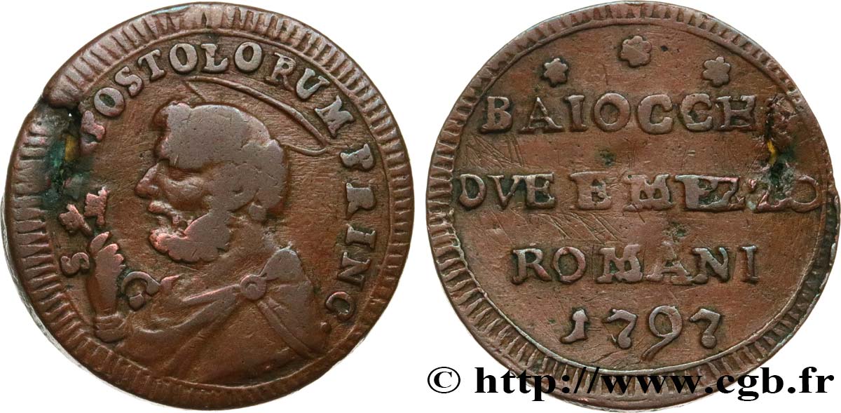 ITALIE - ÉTATS DU PAPE - PIE VI (Jean-Ange Braschi) 2 1/2 Baiocchi (Sampietrino) 1797 Rome TB 