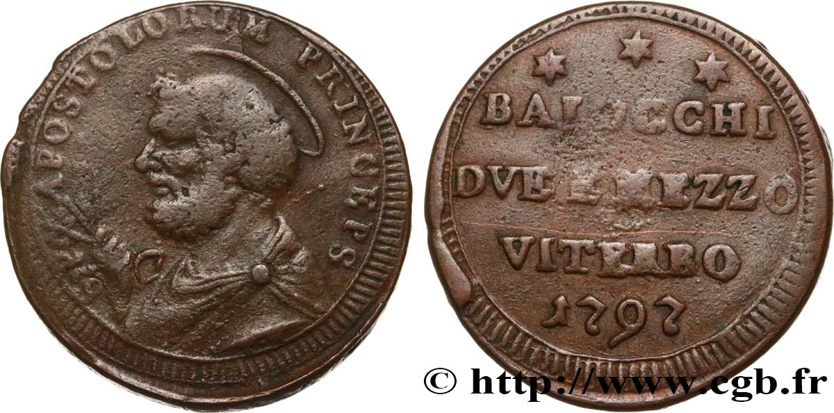 ITALY - PAPAL STATES - PIUS VI (Giovanni Angelo Braschi) 2 1/2 Baiocchi (Sampietrino) 1797 Viterbo VF 