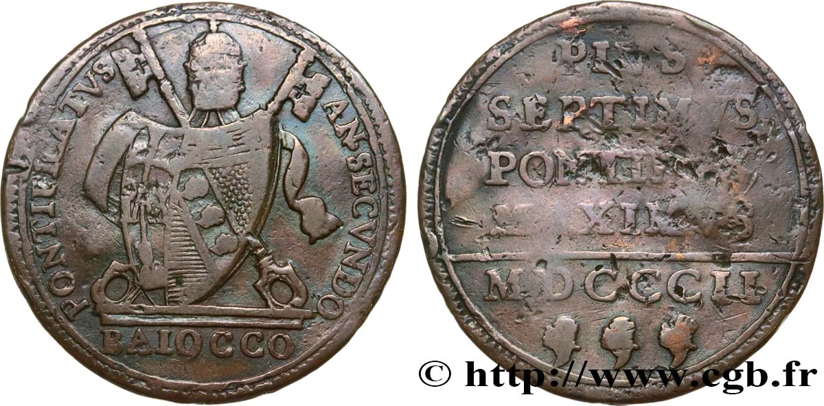 ITALIE - ÉTATS DU PAPE - PIE VII (Barnaba Chiaramonti) Baiocco an II 1802 Rome TB 