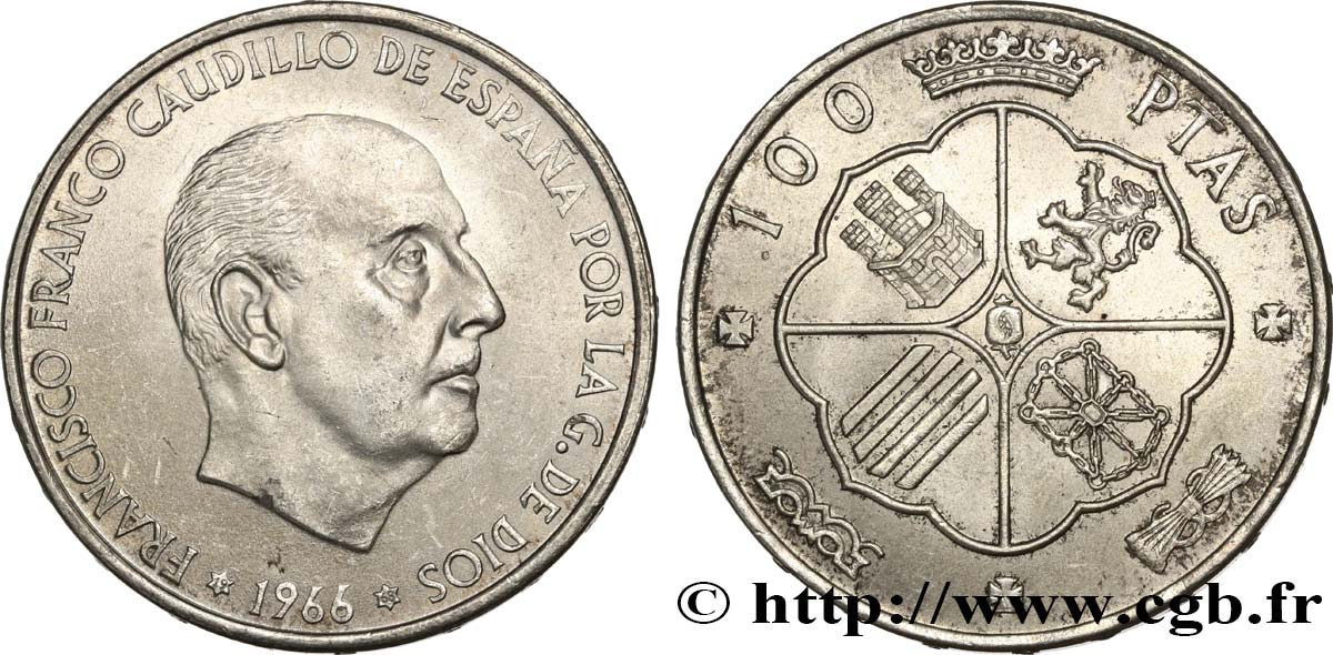 SPANIEN 100 Pesetas Francisco Franco (1968 dans les étoiles) 1966 VZ