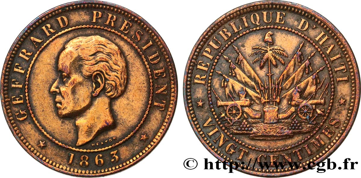 HAÏTI 20 Centimes président Geffrard 1863 Heaton TB+/TTB+