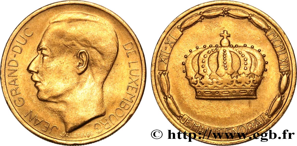 LUXEMBOURG 20 Francs Grand-Duc Jean 1964  AU 
