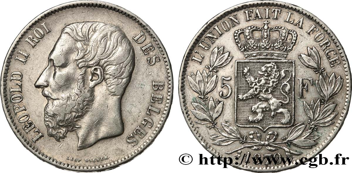 BELGIQUE 5 Francs Léopold II 1870 TB+