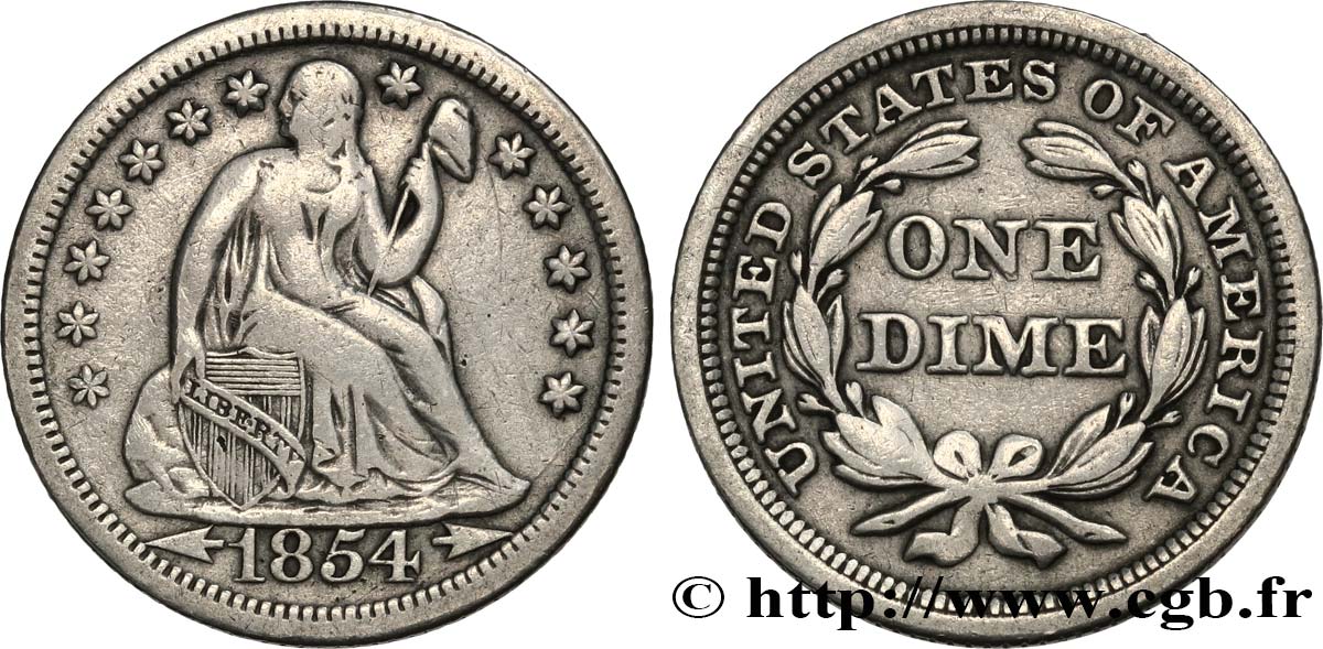ÉTATS-UNIS D AMÉRIQUE 1 Dime (10 Cents) Liberté assise variété avec date encadrée par des flèches 1854 Philadelphie TB