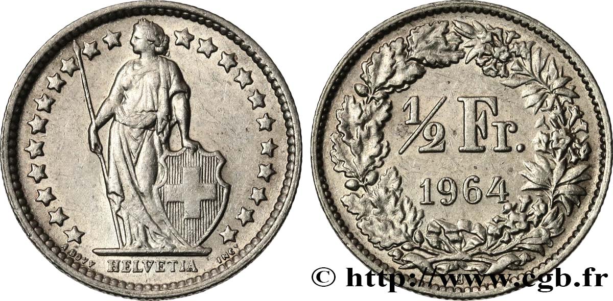 SUISSE 1/2 Franc Helvetia 1964 Berne SUP