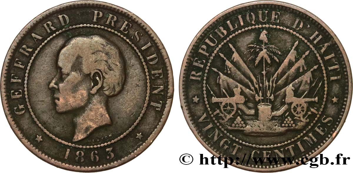 HAÏTI 20 Centimes président Geffrard 1863 Heaton TB/TTB+