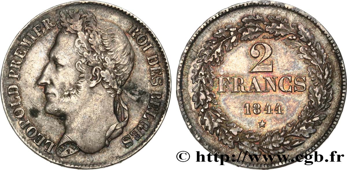 BELGIQUE 2 Francs Léopold Ier tête laurée 1844  TTB+ 