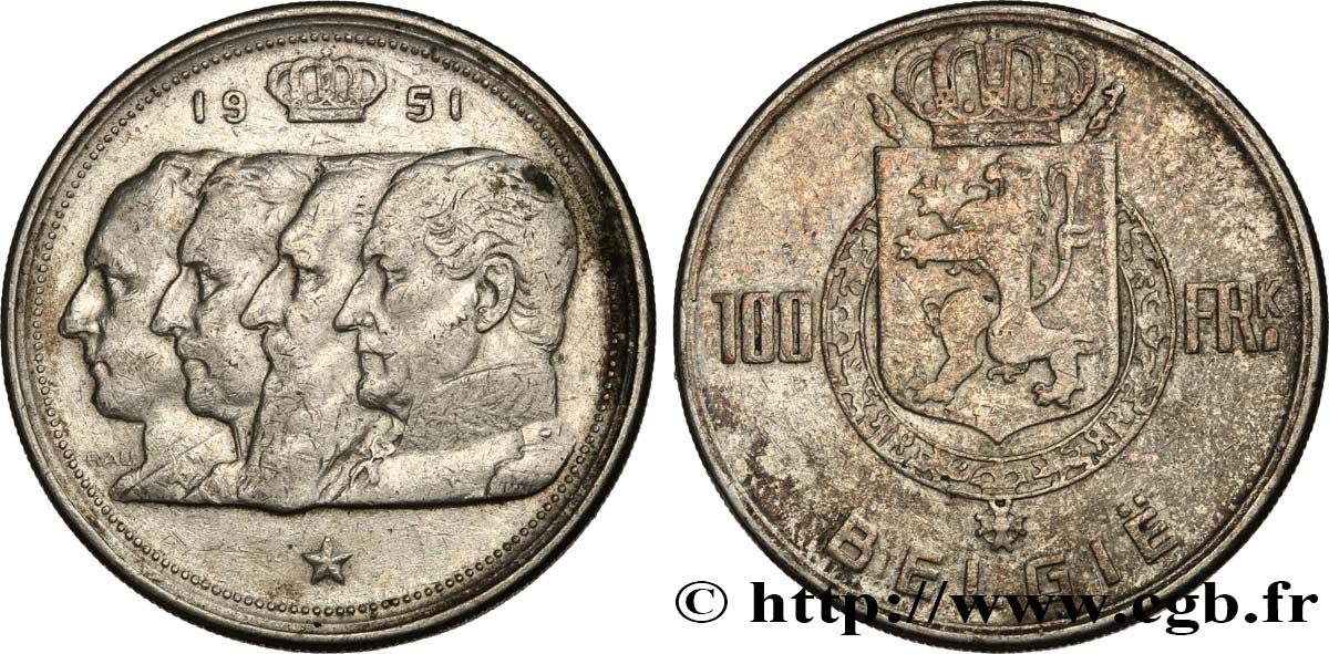 BELGIQUE 100 Francs Quatre rois de Belgique, légende flamande 1951 TTB