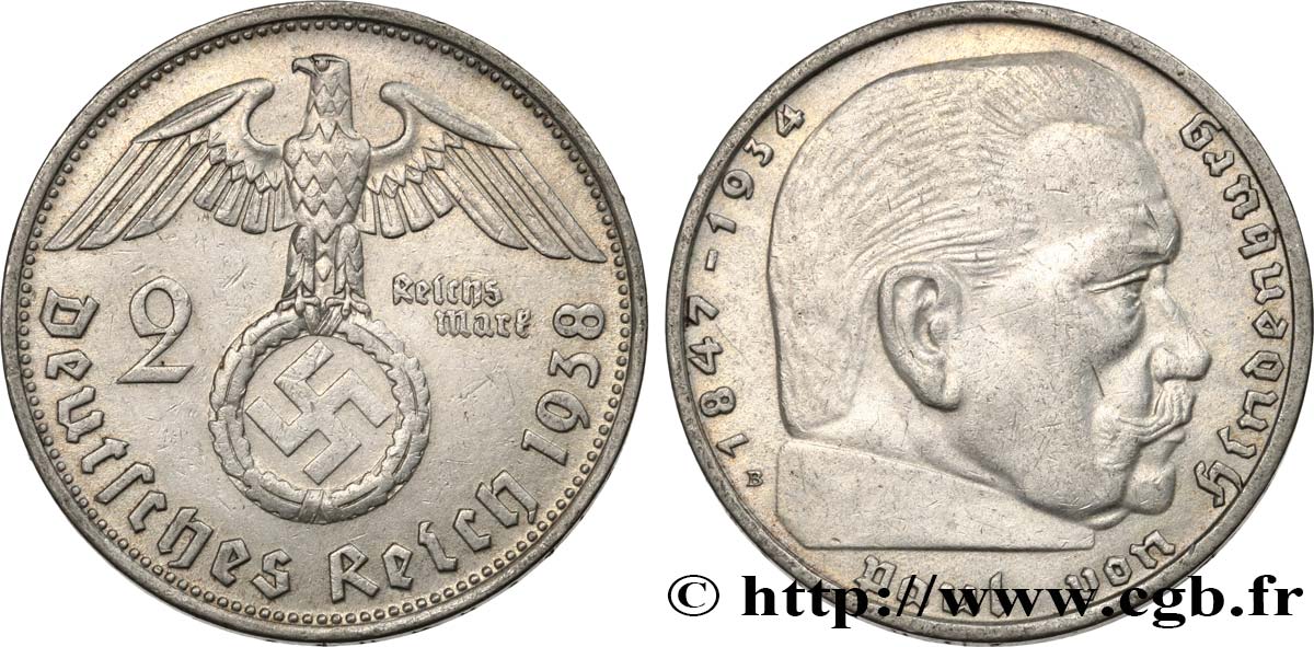 DEUTSCHLAND 2 Reichsmark Maréchal Paul von Hindenburg 1938 Vienne fVZ
