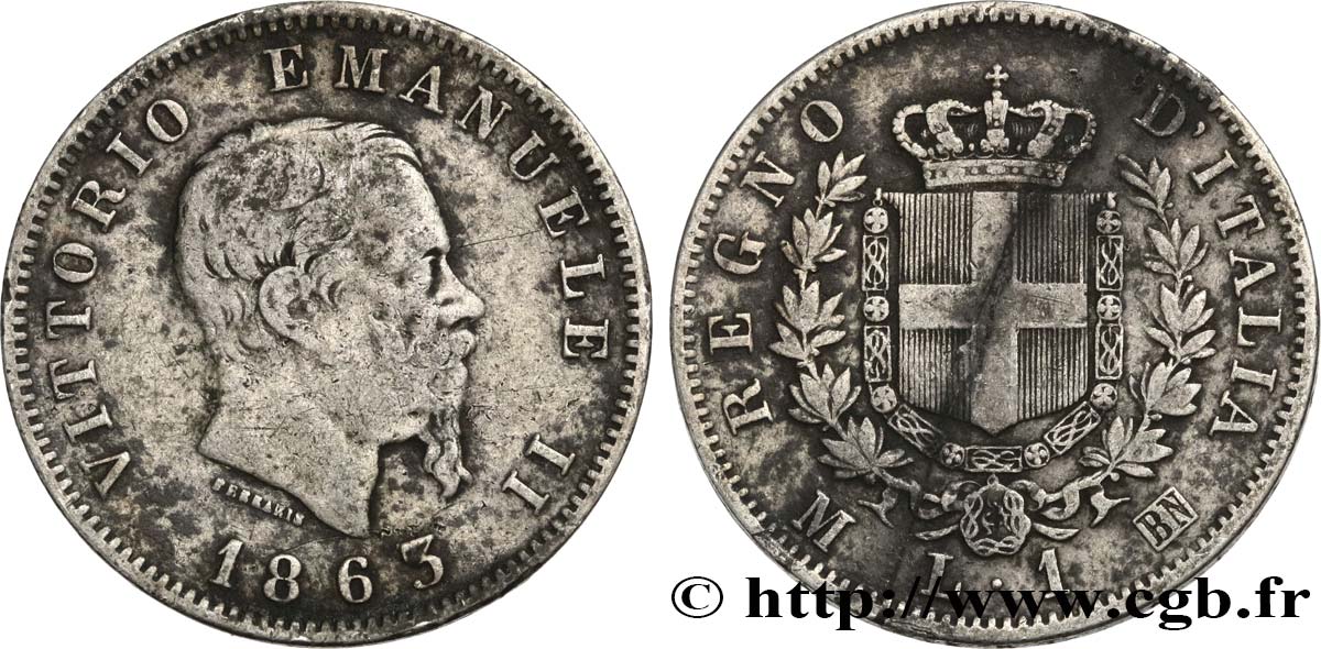 ITALIEN 1 Lira Victor Emmanuel II 1863 Milan S