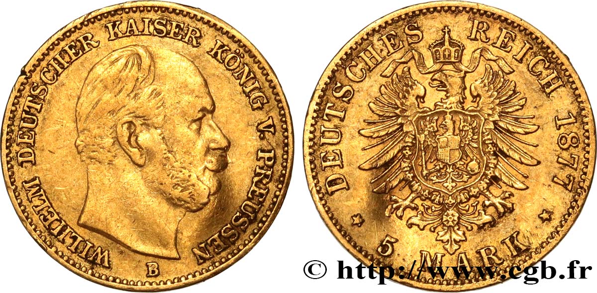 GERMANY - PRUSSIA 5 Mark Guillaume Ier 1877 Hanovre VF 