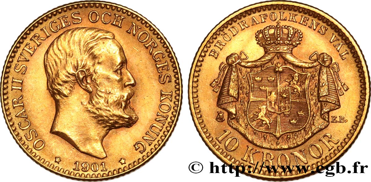 SWEDEN 10 Kronor Oscar II 1901 Stockholm MS 