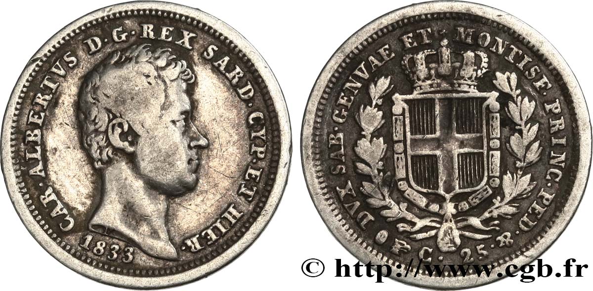 ITALIE - ROYAUME DE SARDAIGNE 25 Centesimi Charles Albert 1833 Turin TB+