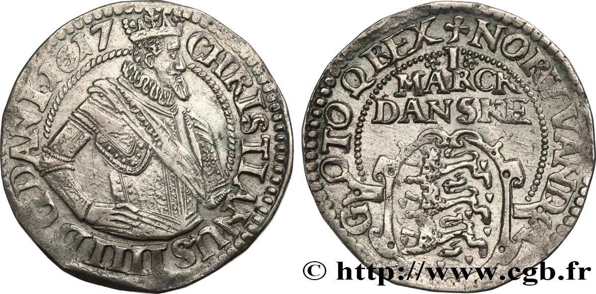 DANEMARK 1 Mark Christian IV 1617 Copenhague TTB 