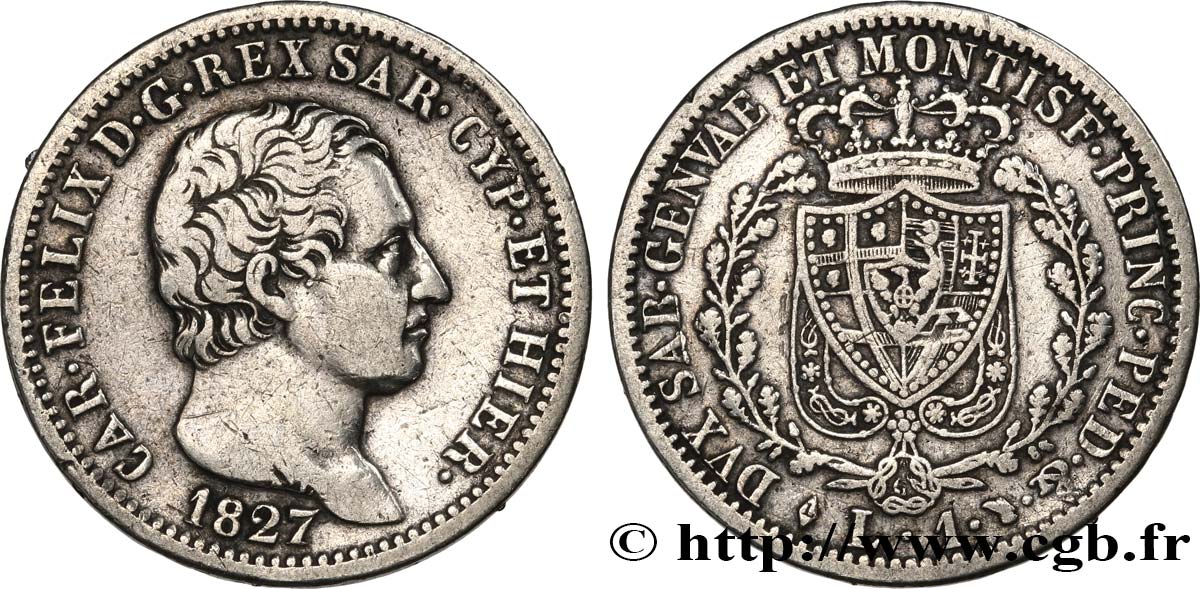 ITALY - KINGDOM OF SARDINIA 1 Lire Charles Félix 1827 Turin VF 